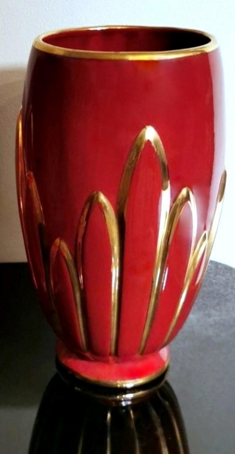 Art Deco Pair of French Glazed Terracotta Vases with Pure Gold Decorations 6