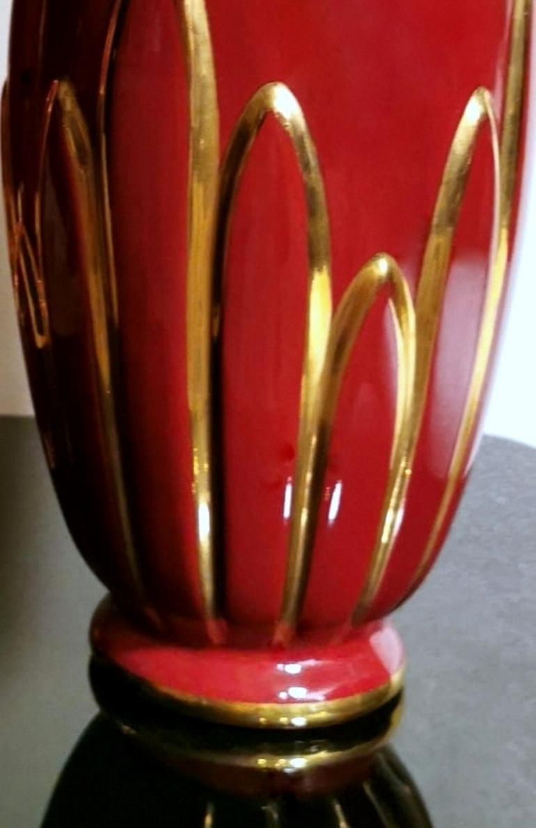 Art Deco Pair of French Glazed Terracotta Vases with Pure Gold Decorations 8