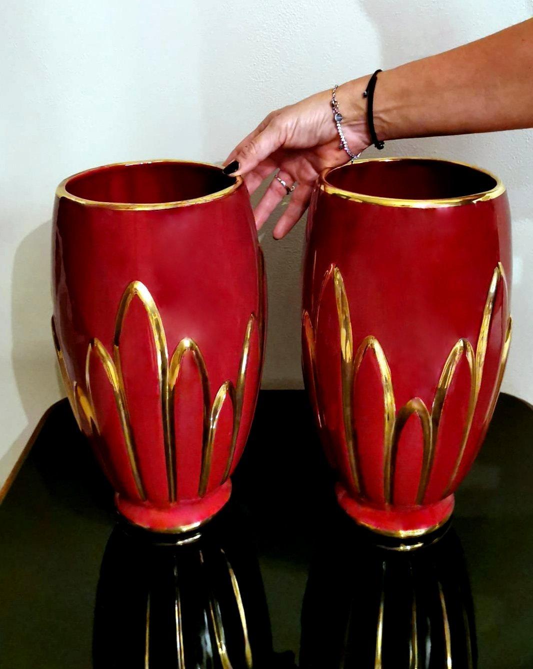 Art Deco Pair of French Glazed Terracotta Vases with Pure Gold Decorations 10