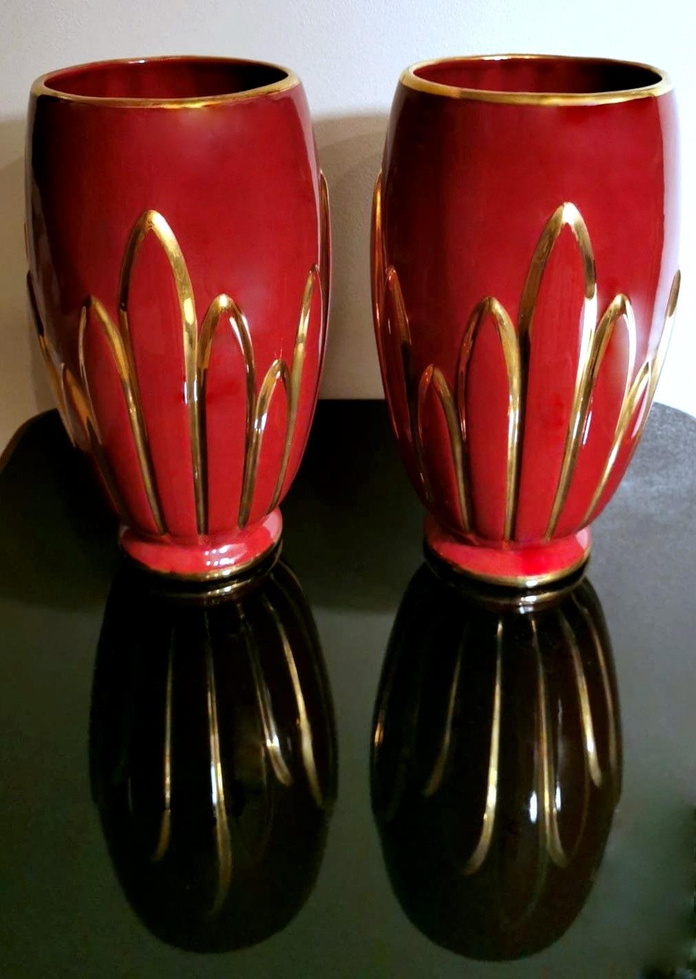 Art Deco Pair of French Glazed Terracotta Vases with Pure Gold Decorations In Good Condition In Prato, Tuscany