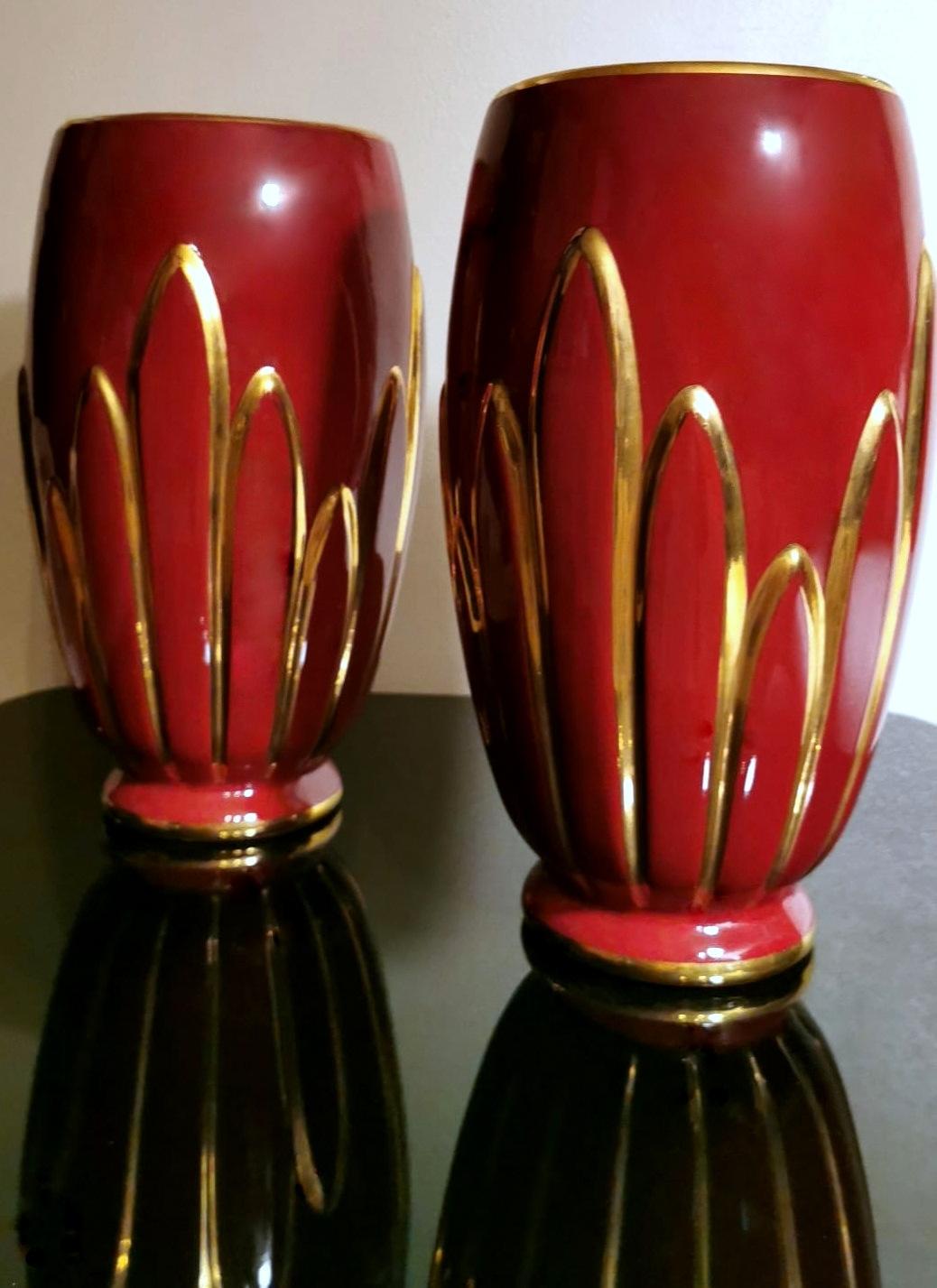 20th Century Art Deco Pair of French Glazed Terracotta Vases with Pure Gold Decorations