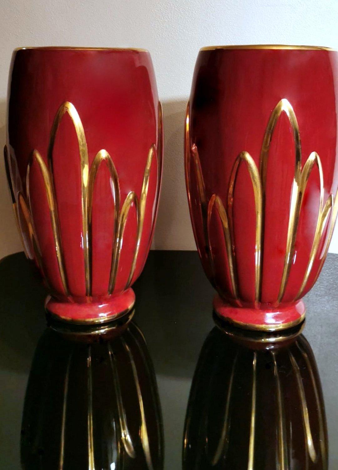 Art Deco Pair of French Glazed Terracotta Vases with Pure Gold Decorations 1
