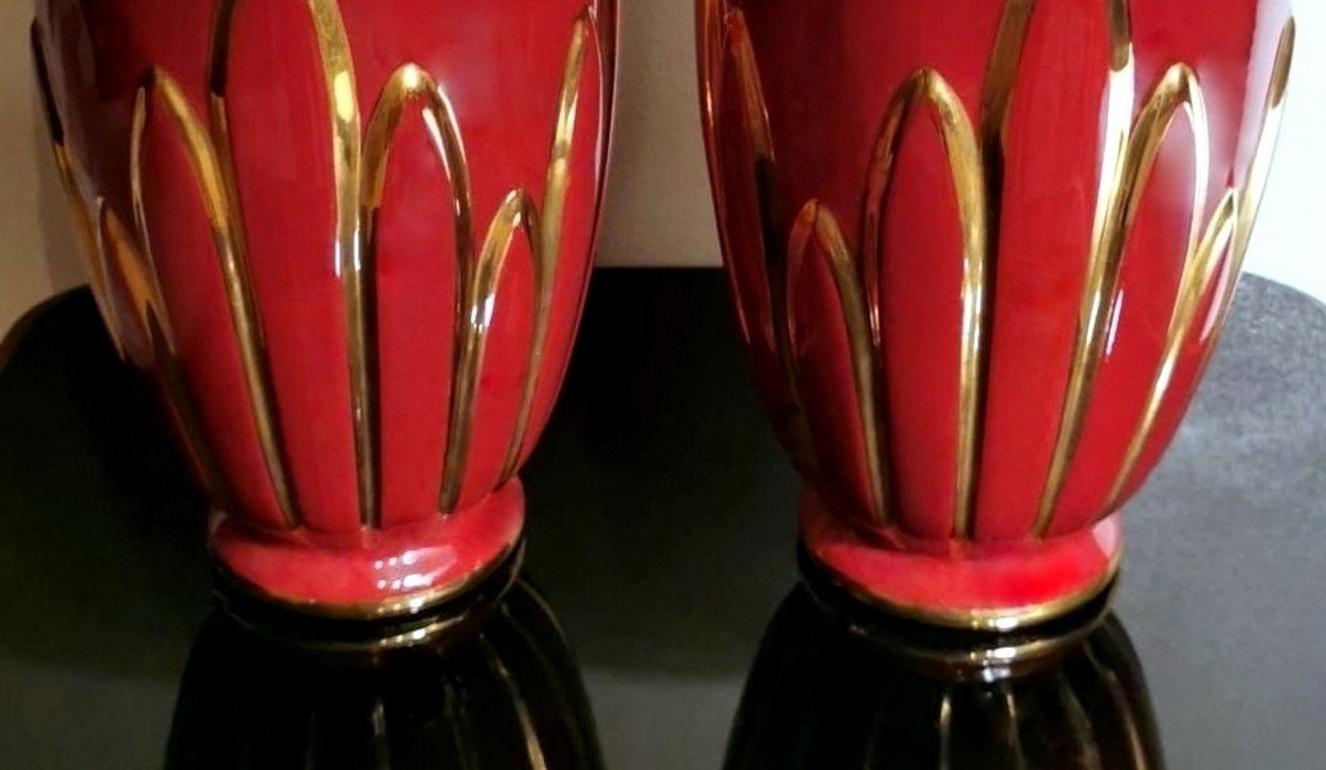 Art Deco Pair of French Glazed Terracotta Vases with Pure Gold Decorations 2