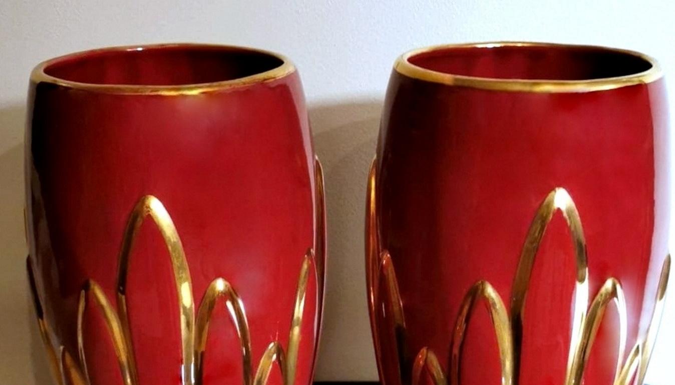 Art Deco Pair of French Glazed Terracotta Vases with Pure Gold Decorations 3