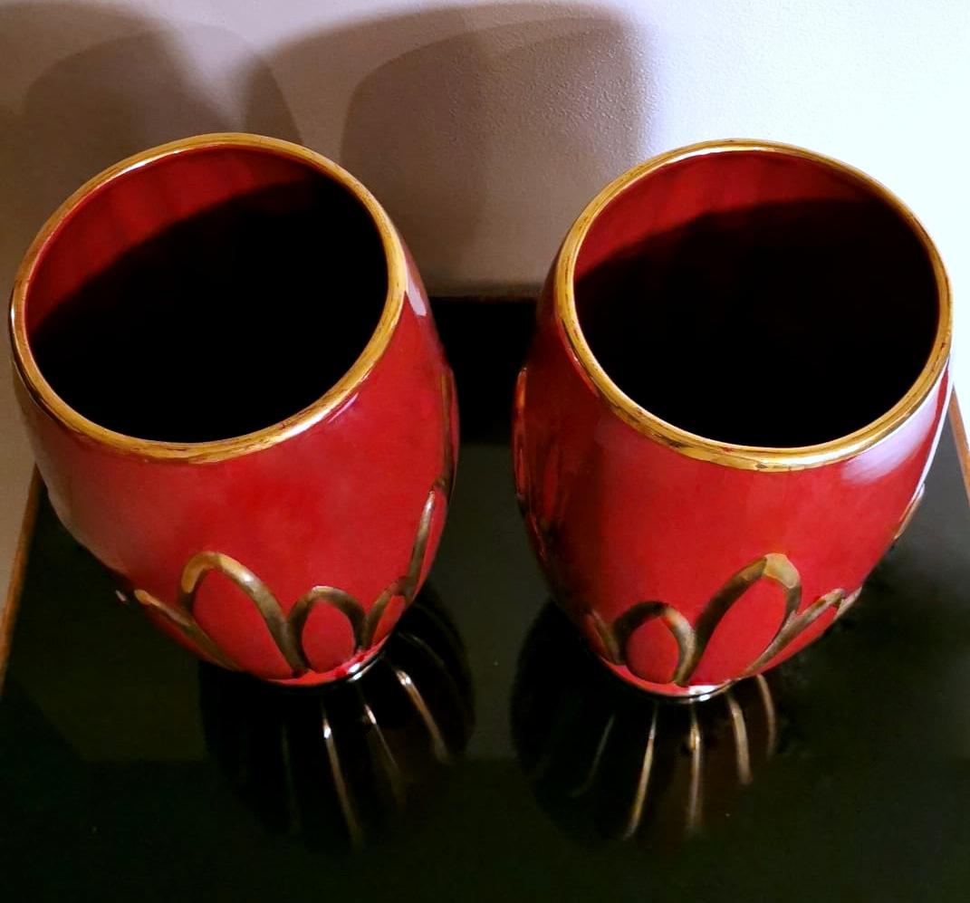 Art Deco Pair of French Glazed Terracotta Vases with Pure Gold Decorations 4