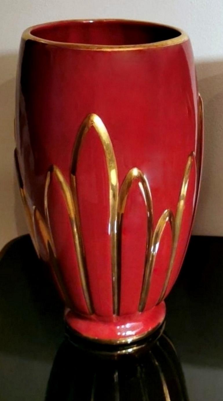 Art Deco Pair of French Glazed Terracotta Vases with Pure Gold Decorations 5