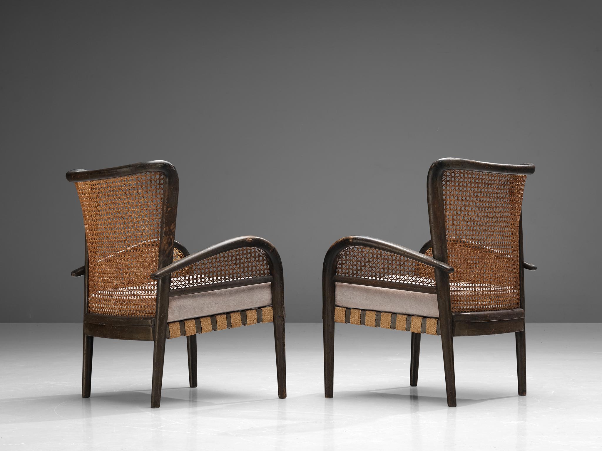 Mid-20th Century Art Deco Pair of French Lounge Chairs in Rotan and Bentwood