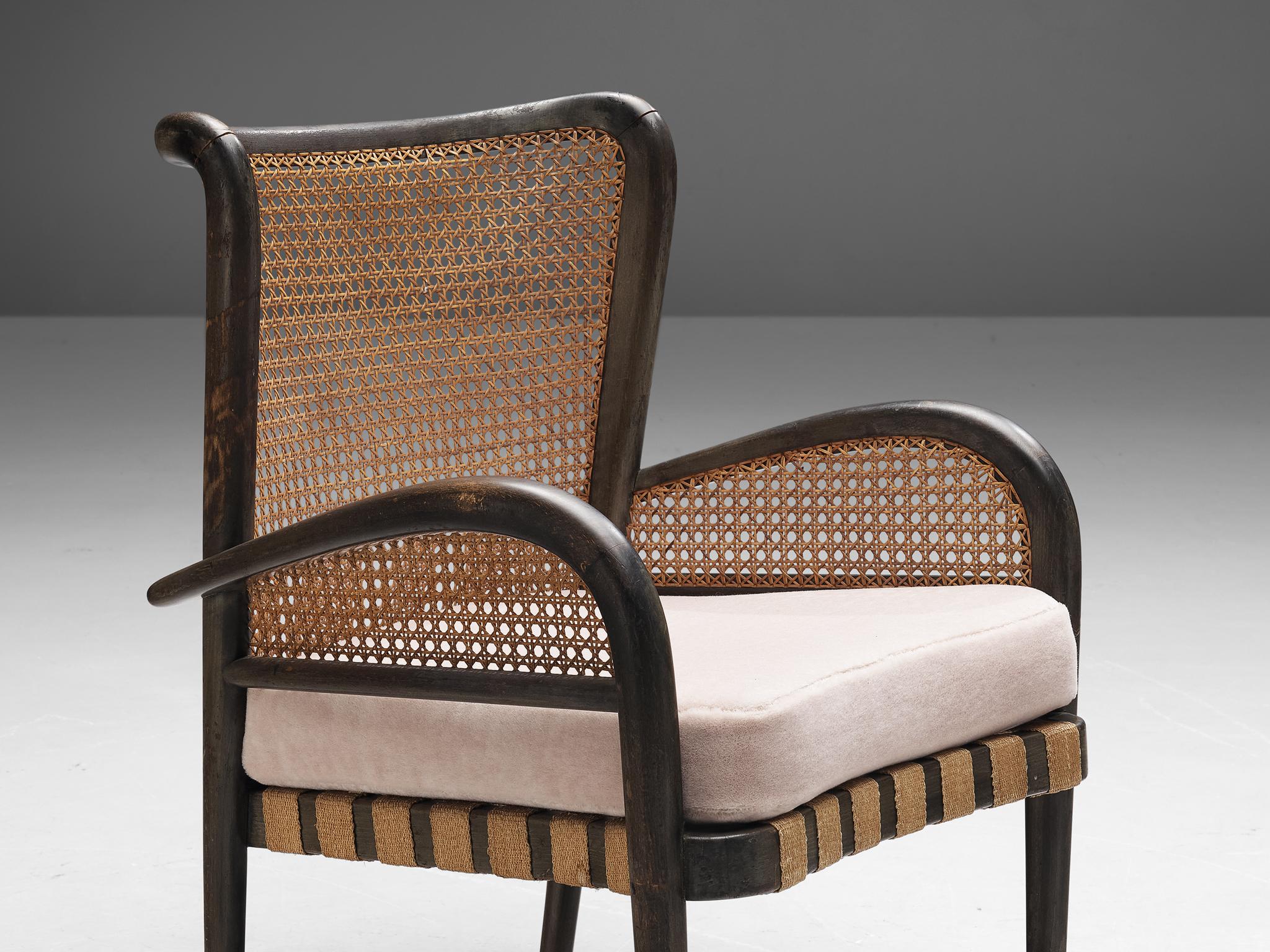 Fabric Art Deco Pair of French Lounge Chairs in Rotan and Bentwood