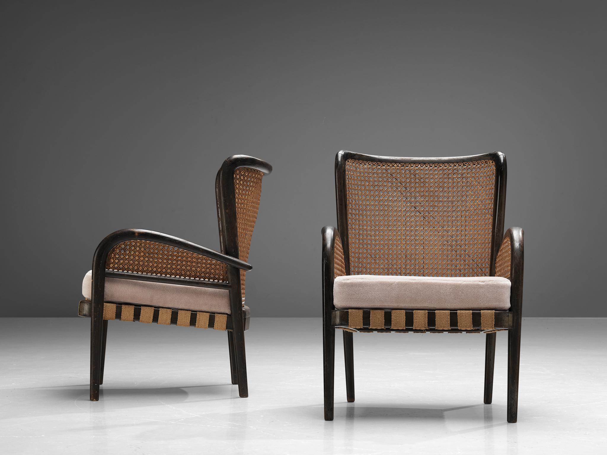 Art Deco Pair of French Lounge Chairs in Rotan and Bentwood 1