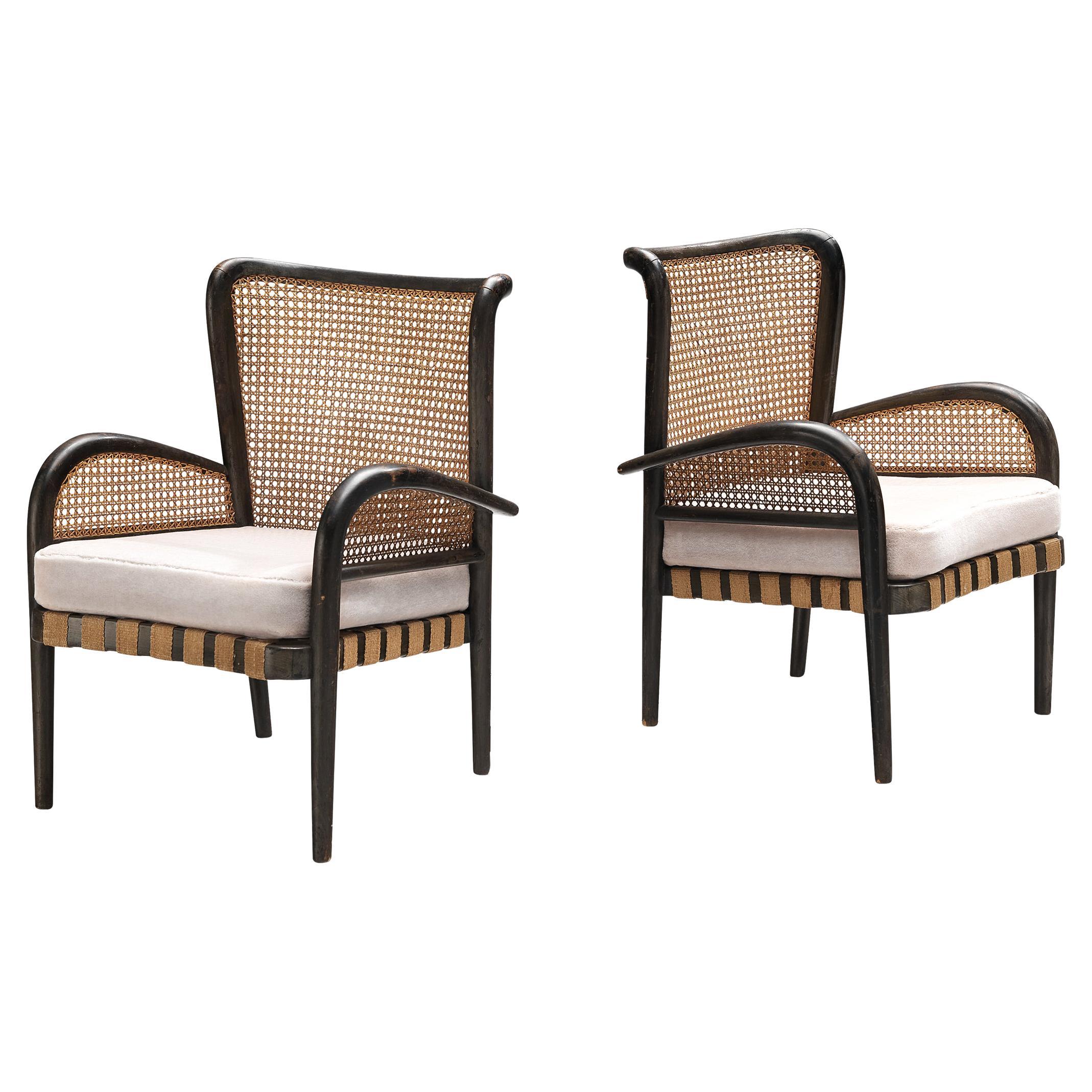 Art Deco Pair of French Lounge Chairs in Rotan and Bentwood