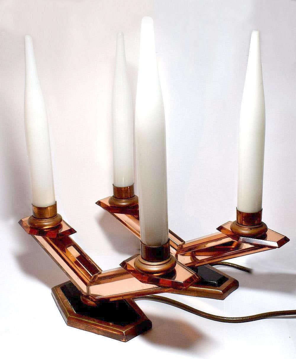 Glass Art Deco Pair of  French Mirrored Table Lamps, circa 1930 For Sale