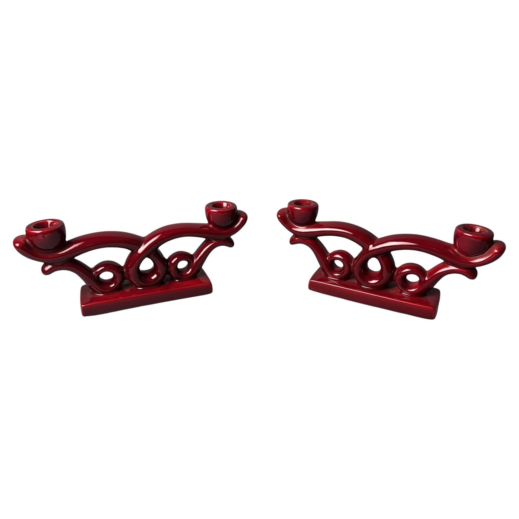 Art Deco Pair of French Red Glazed Ceramic Candlesticks, Saint Clément Style