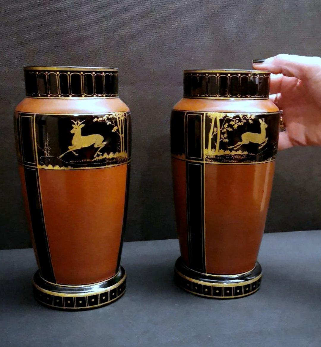 Art Deco Pair of French Vases in Black Opaline Glass Hand Painted in Pure Gold For Sale 10