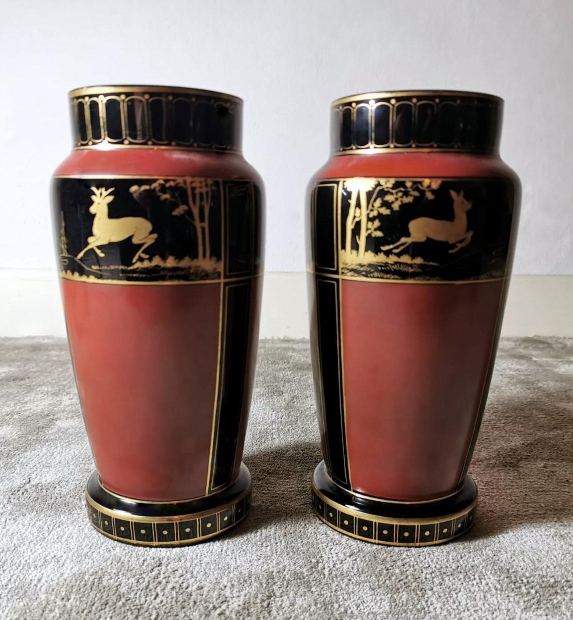 Hand-Painted Art Deco Pair of French Vases in Black Opaline Glass Hand Painted in Pure Gold For Sale