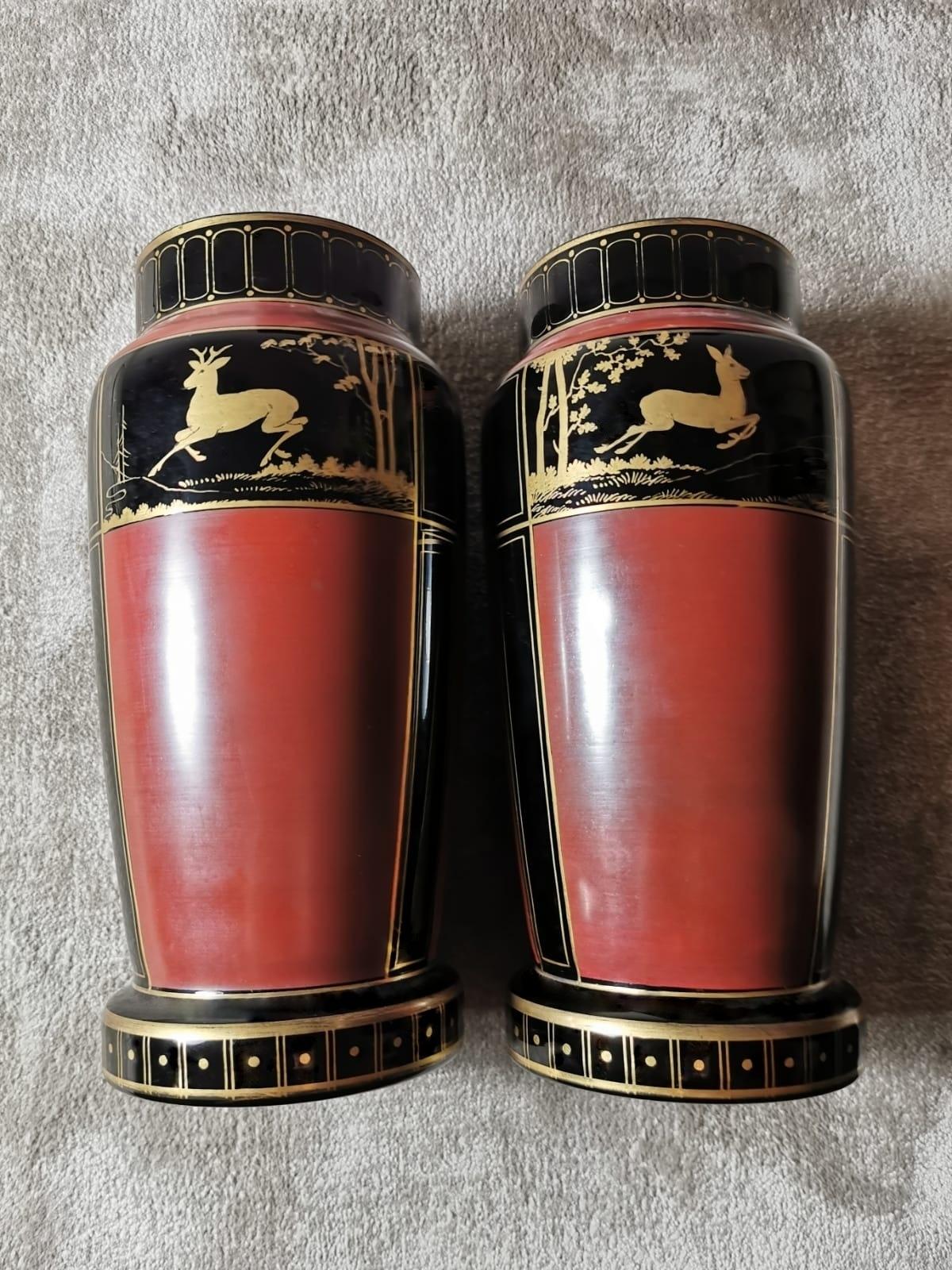 Art Deco Pair of French Vases in Black Opaline Glass Hand Painted in Pure Gold In Good Condition For Sale In Prato, Tuscany