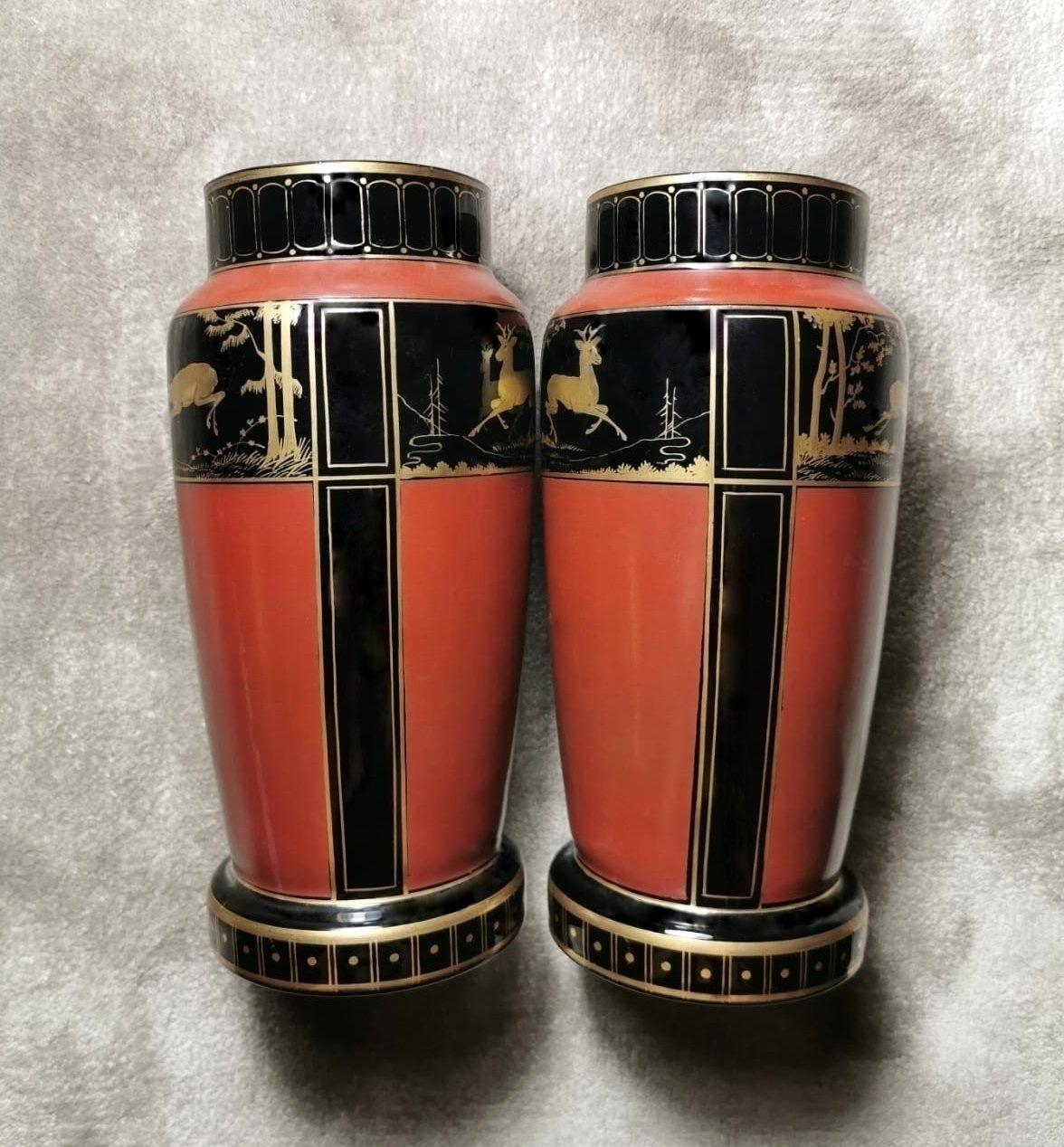 20th Century Art Deco Pair of French Vases in Black Opaline Glass Hand Painted in Pure Gold For Sale