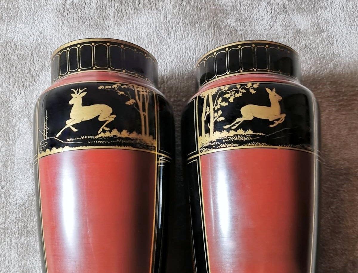 Art Deco Pair of French Vases in Black Opaline Glass Hand Painted in Pure Gold For Sale 1