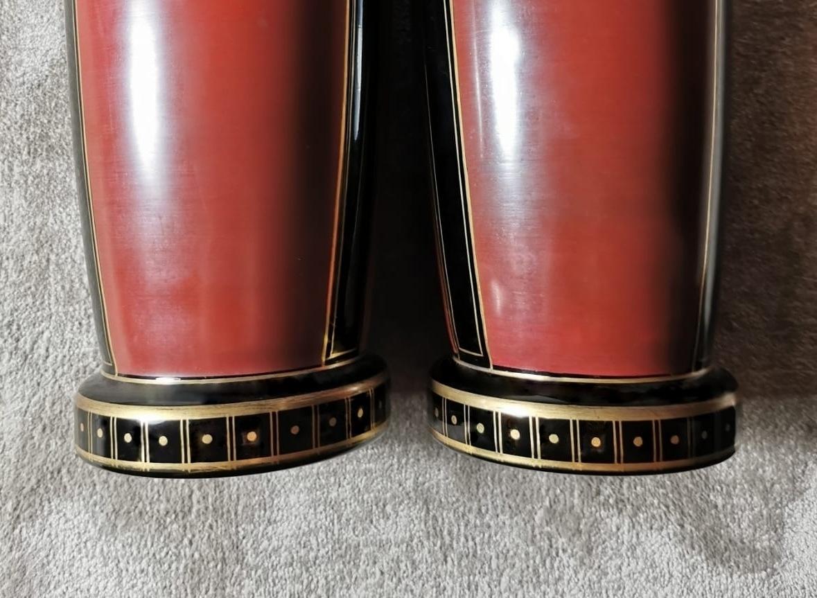 Art Deco Pair of French Vases in Black Opaline Glass Hand Painted in Pure Gold For Sale 2