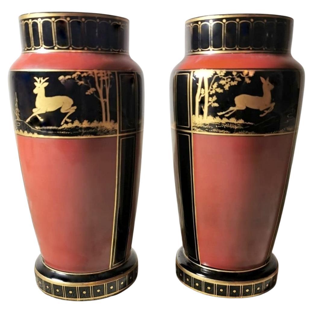 Art Deco Pair of French Vases in Black Opaline Glass Hand Painted in Pure Gold
