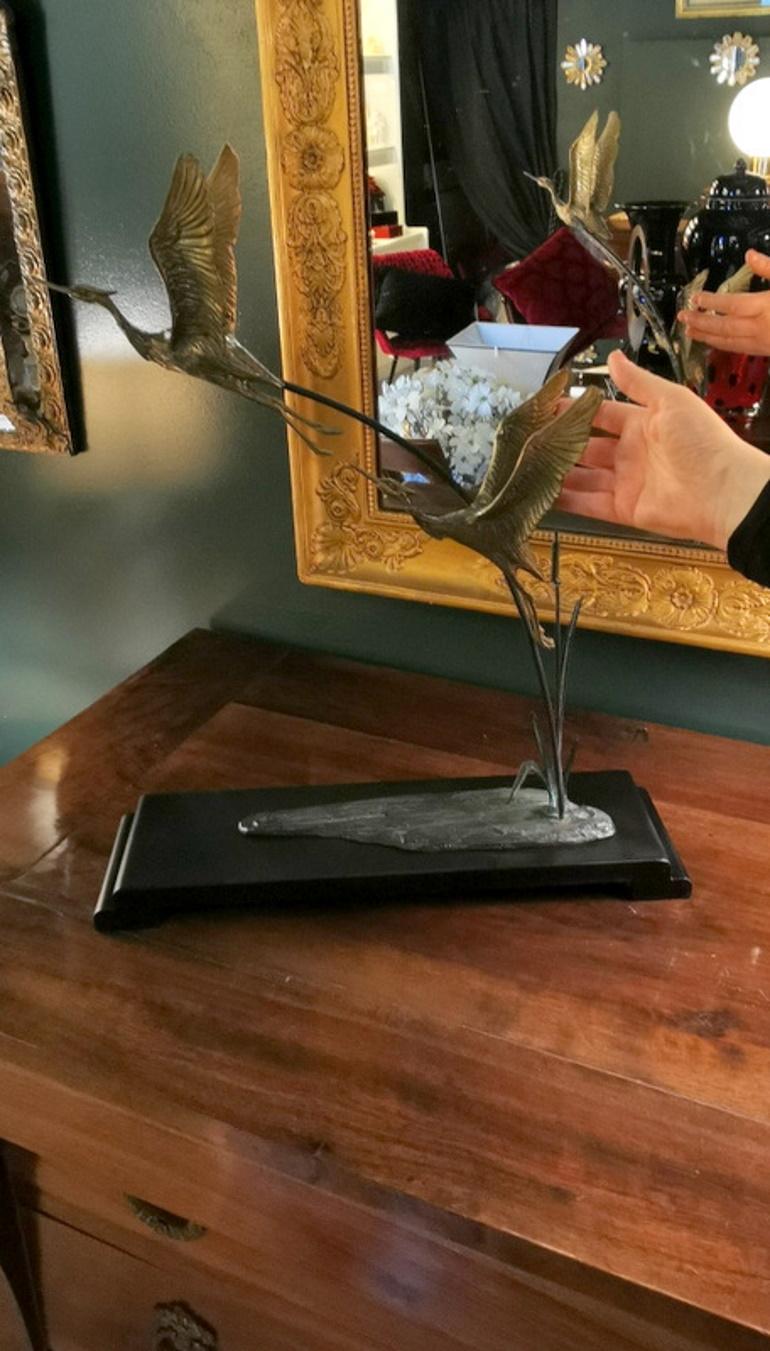 Art Deco Pair of Gilded Bronze Herons on Wood Base, France. 13