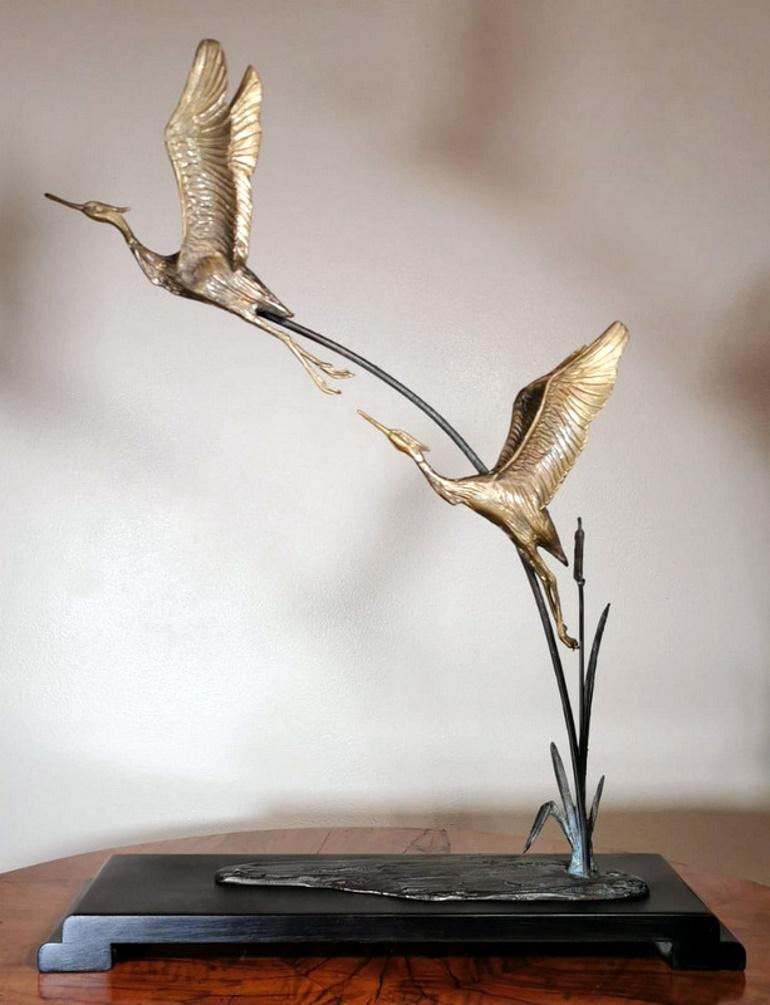 French Art Deco Pair of Gilded Bronze Herons on Wood Base, France.