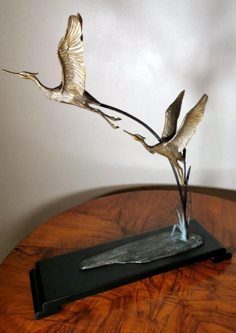 Gilt Art Deco Pair of Gilded Bronze Herons on Wood Base, France.
