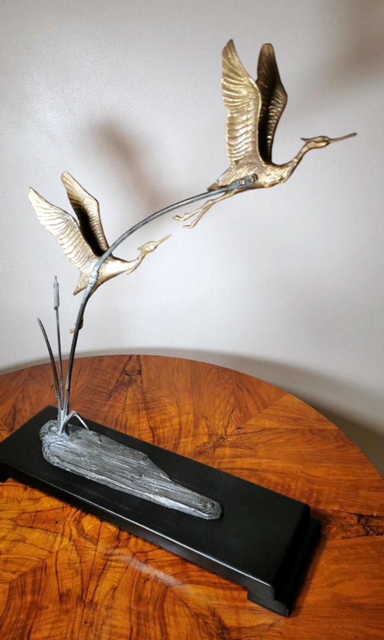 Art Deco Pair of Gilded Bronze Herons on Wood Base, France. In Good Condition In Prato, Tuscany