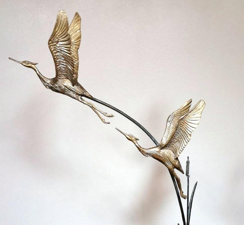 20th Century Art Deco Pair of Gilded Bronze Herons on Wood Base, France.