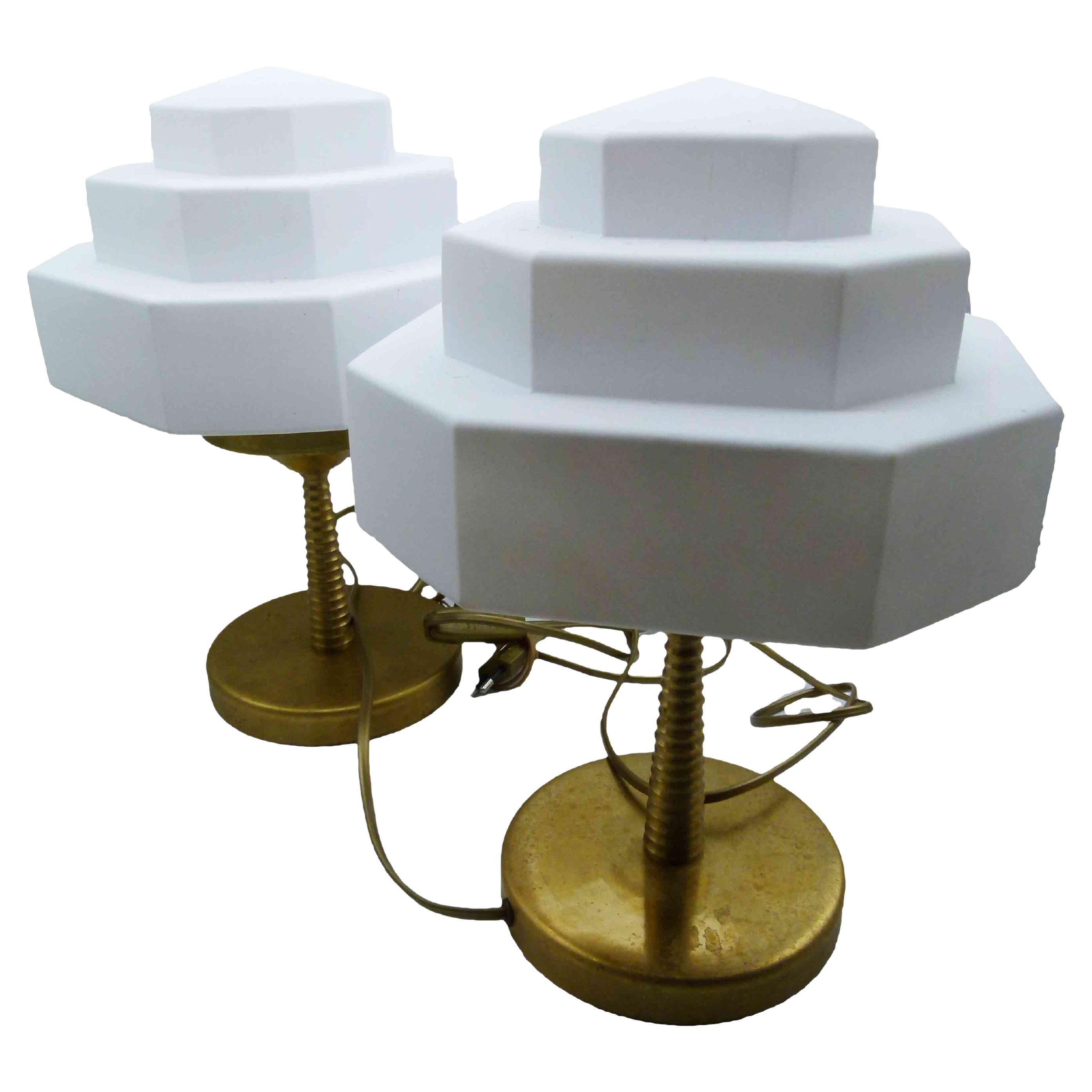 Art Deco Pair of  Glass and Brass Table Lamps 