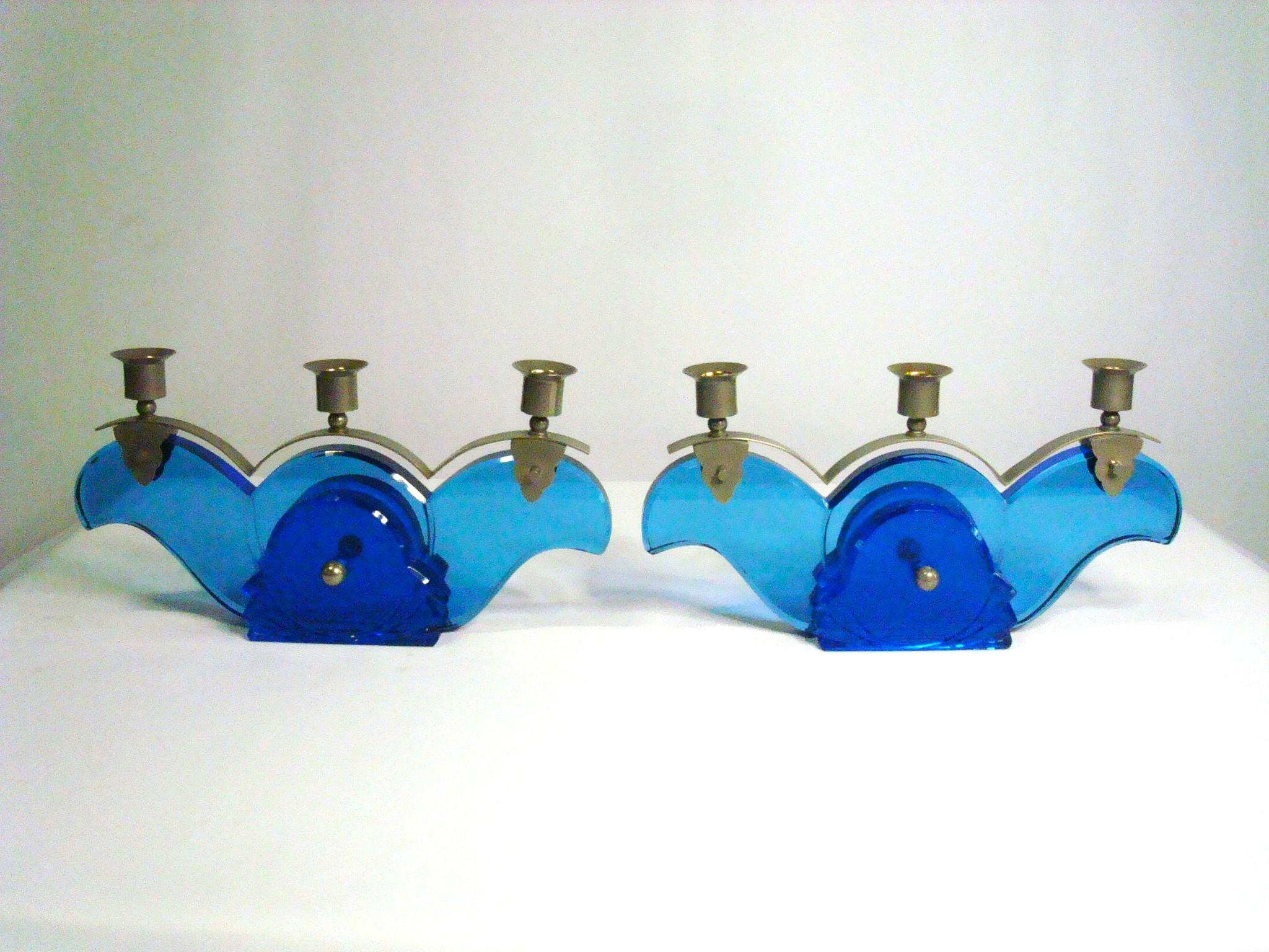 Coppia di portacandele in vetro Art Déco / Candelabri c1930 in vendita 5