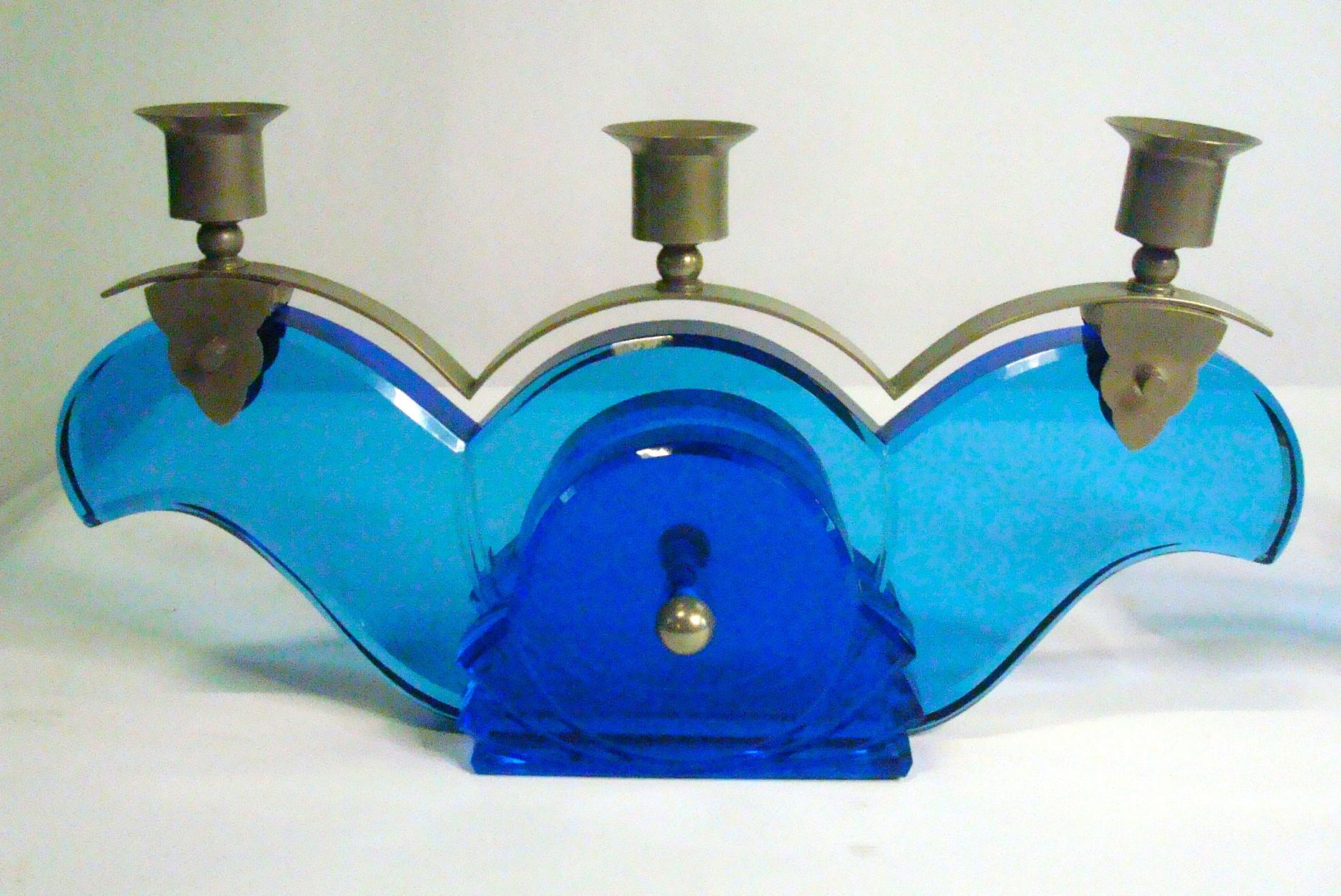 Coppia di portacandele in vetro Art Déco / Candelabri c1930 in vendita 7