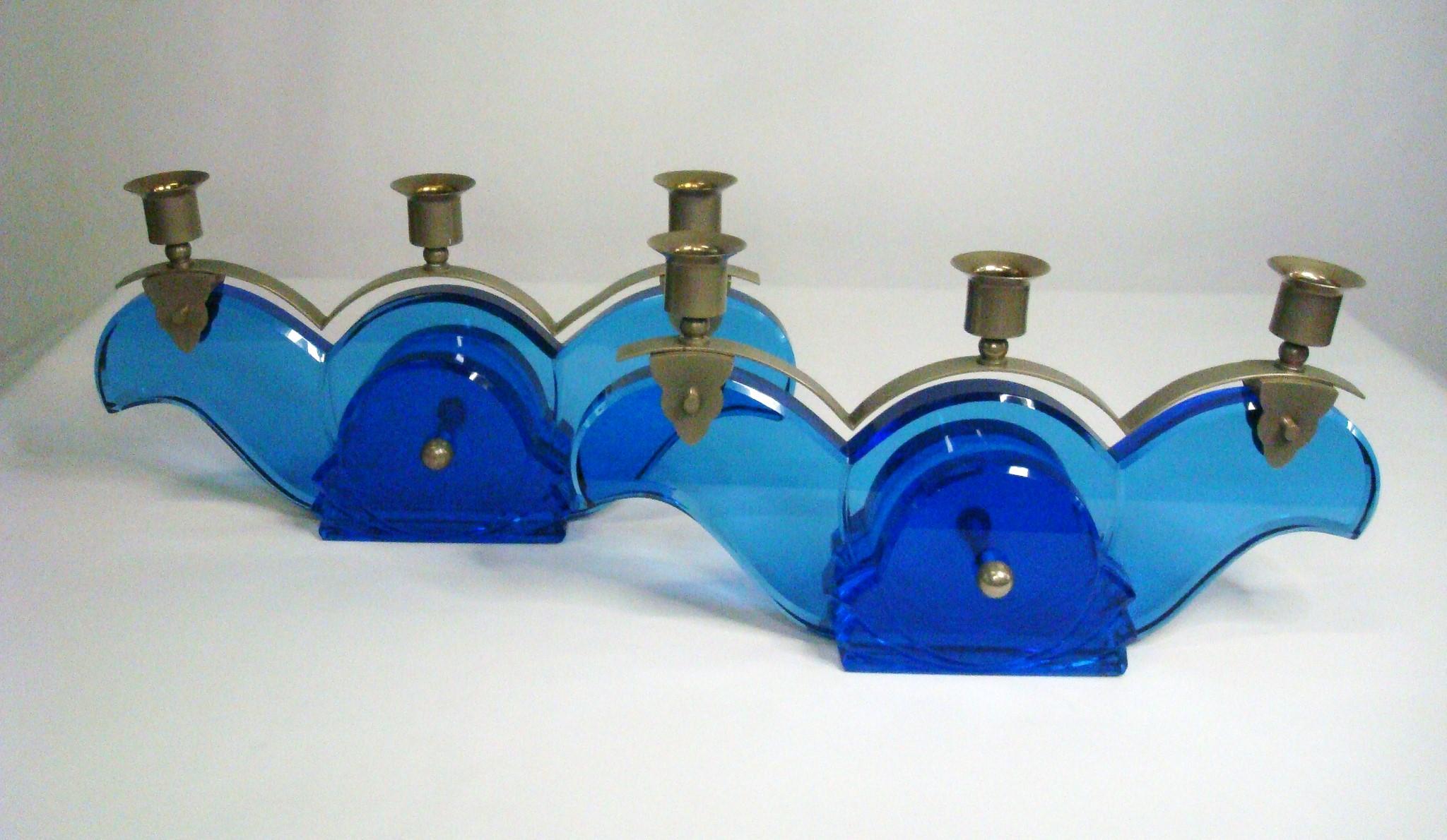 Mid-Century moderno Coppia di portacandele in vetro Art Déco / Candelabri c1930 in vendita