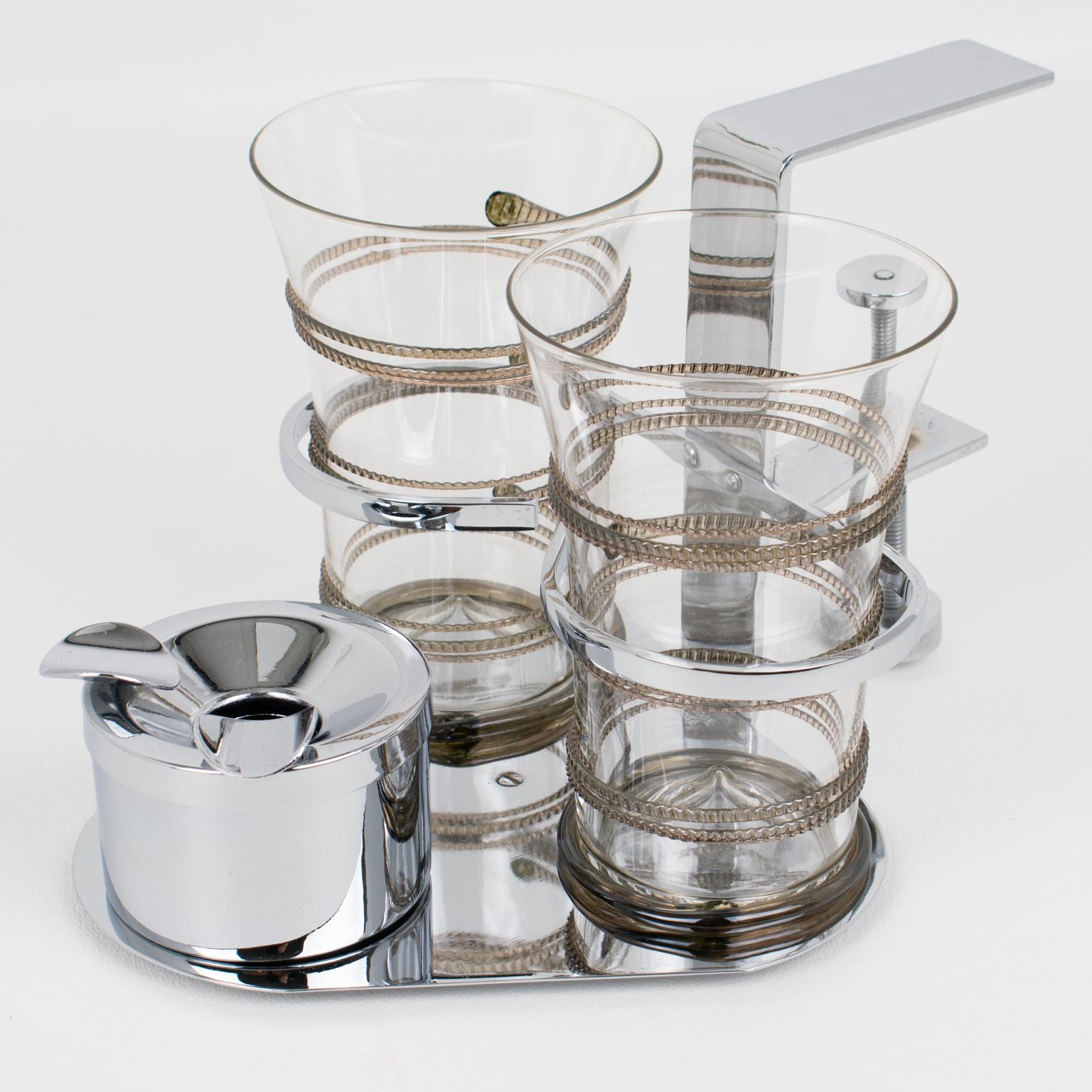 Art Deco Pair of Glasses and Ashtray Chrome Holder for Games or Bridge Table For Sale 5