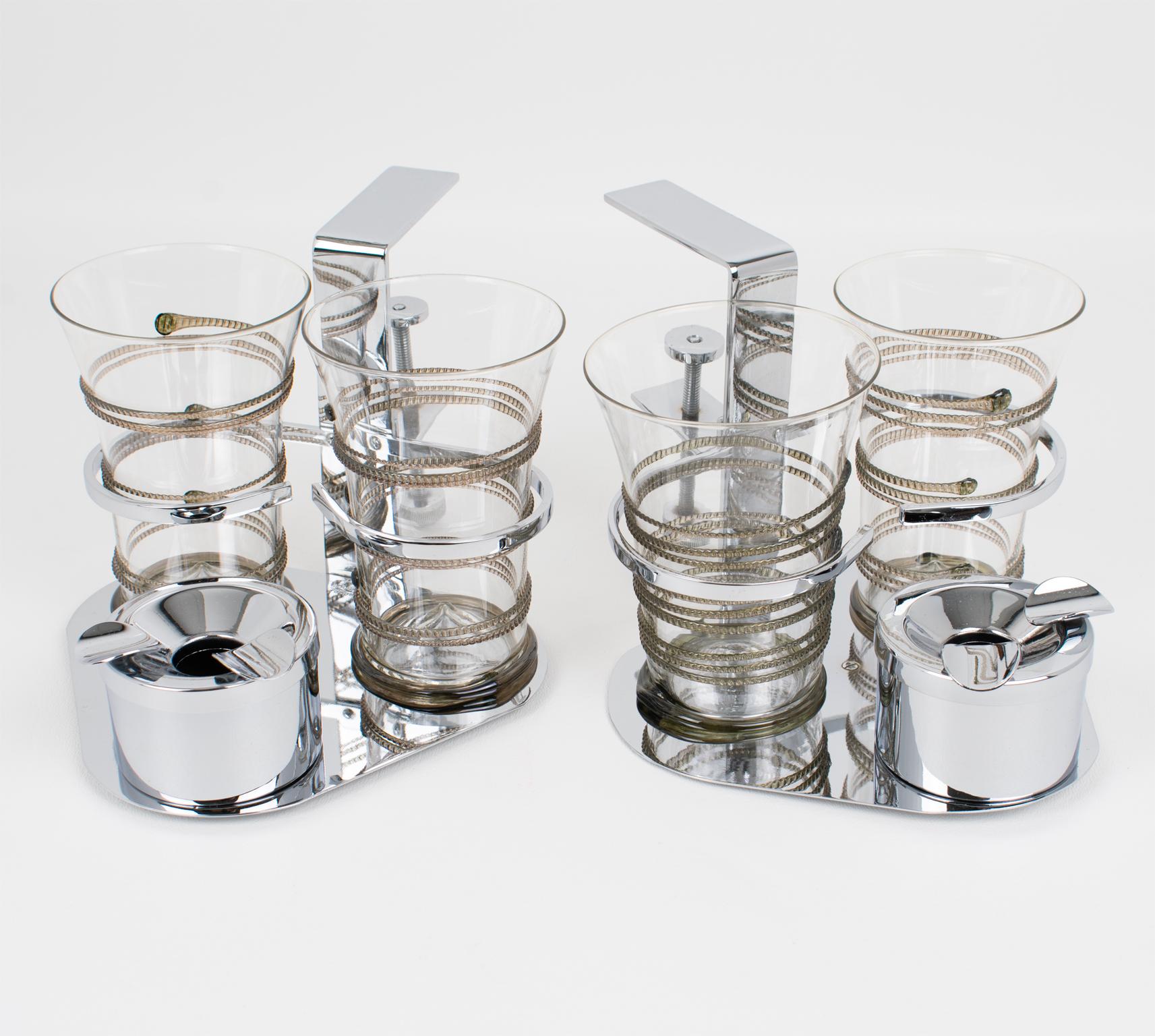 Art Deco Pair of Glasses and Ashtray Chrome Holder for Games or Bridge Table For Sale 6