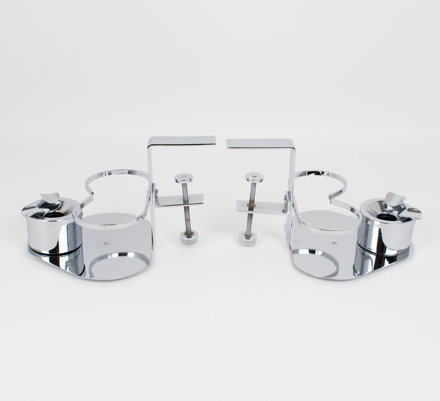 Step into the elegance of the Art Deco era with this exceptionally rare pair of chrome metal glasses and ashtray holders, expertly crafted in France circa 1930. Designed for the sophisticated bridge or games table, these striking high-gloss chromed
