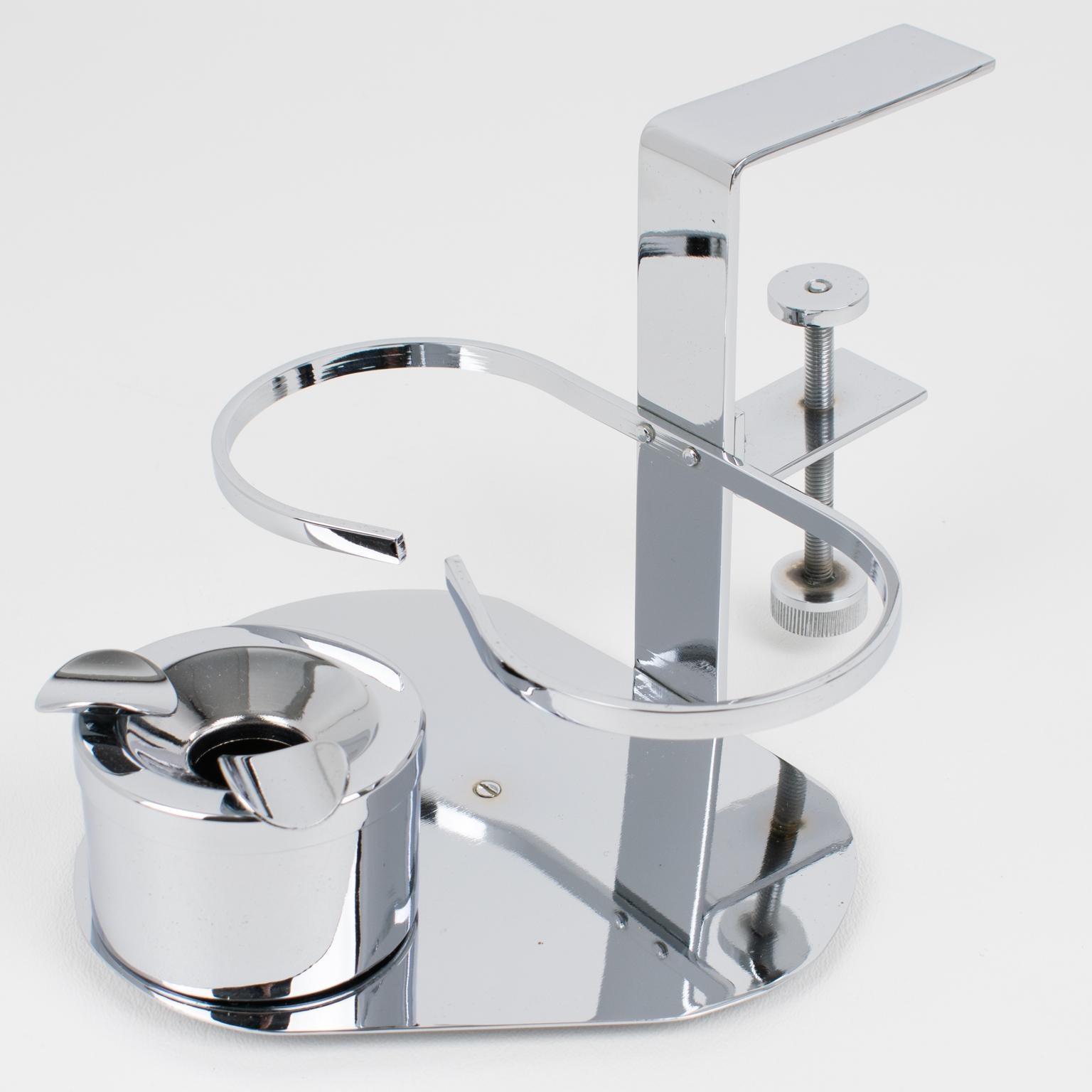 Metal Art Deco Pair of Glasses and Ashtray Chrome Holder for Games or Bridge Table For Sale