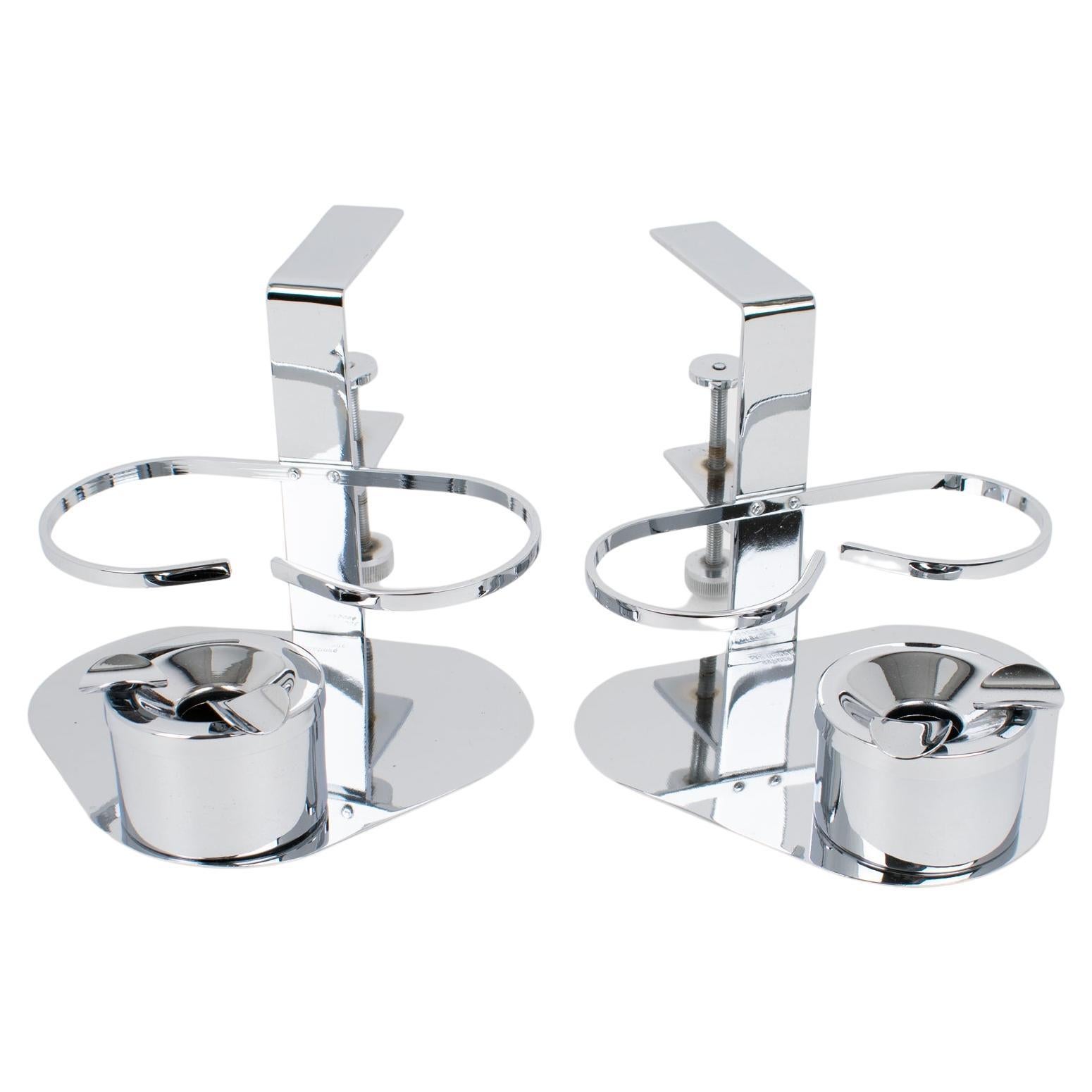 Art Deco Pair of Glasses and Ashtray Chrome Holder for Games or Bridge Table For Sale