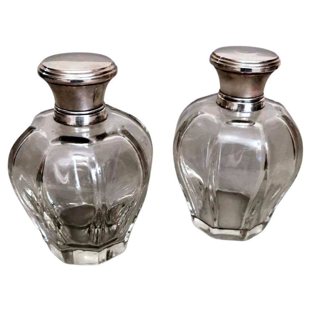 Art Deco Pair of Italian Crystal Toiletry Bottles and Silver Lid For Sale