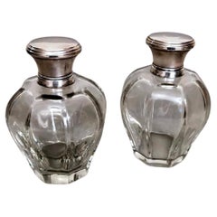 Vintage Art Deco Pair of Italian Crystal Toiletry Bottles and Silver Lid