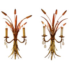 Art Deco Pair of Italian Gold Gilt Wheat Sheath Wall Sconces Light Fixtures