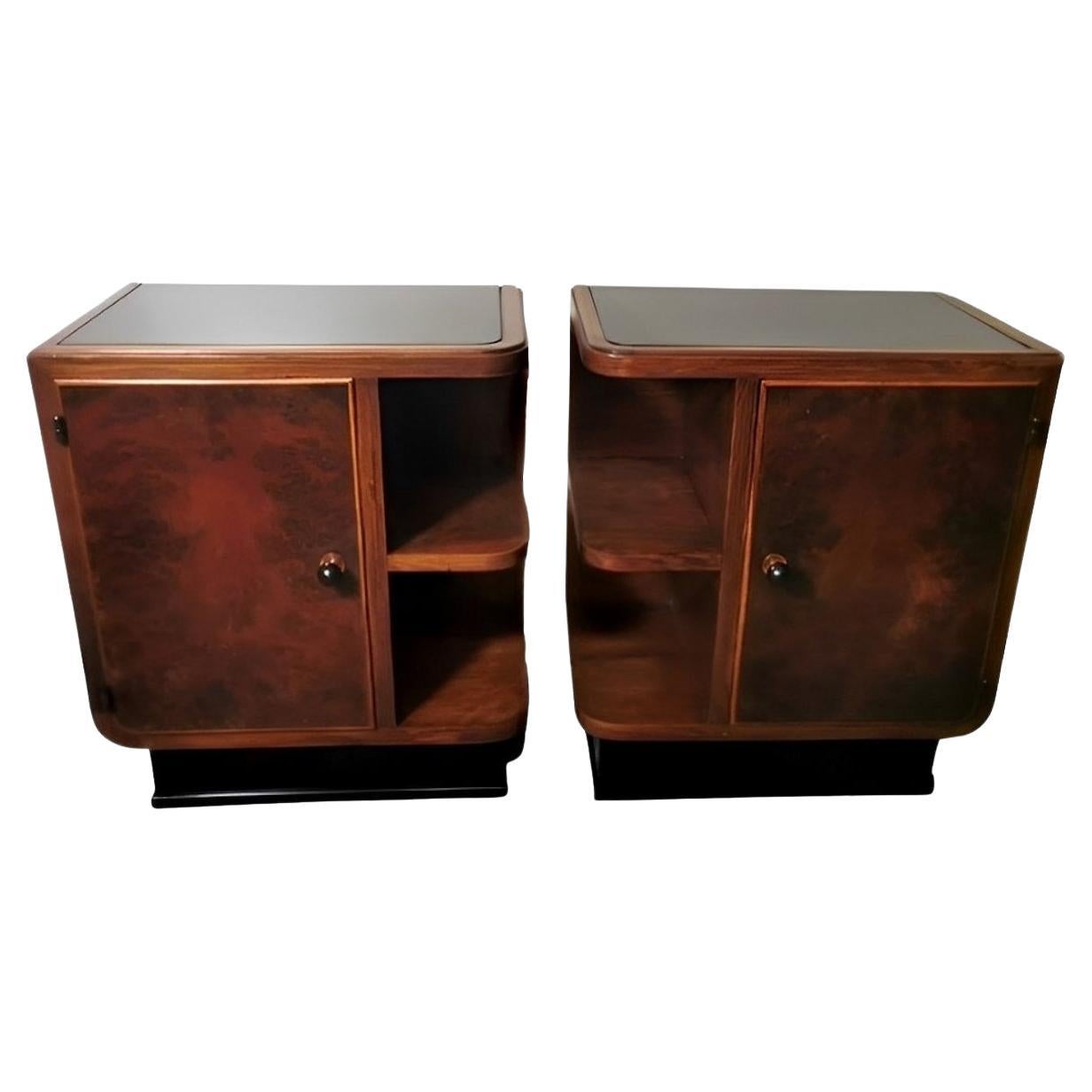 Art Deco Pair Of Italian Nightstands With Black Glass For Sale