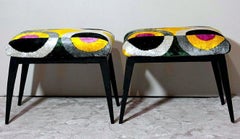 Mid Century Pair Of Italian Wood And Silk Velvet Ikat Benches