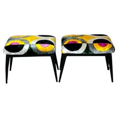 Mid Century Pair Of Italian Wood And Silk Velvet Ikat Benches