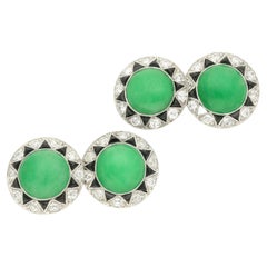 Vintage Art Deco Pair of Jade Cabochon Old-Cut Diamond Onyx Cufflinks in Platinum