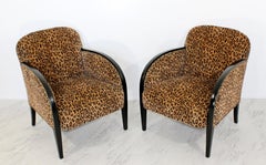 Art Deco Pair of Leopard Print and Black Lacquered Wood Lounge Club Armchairs