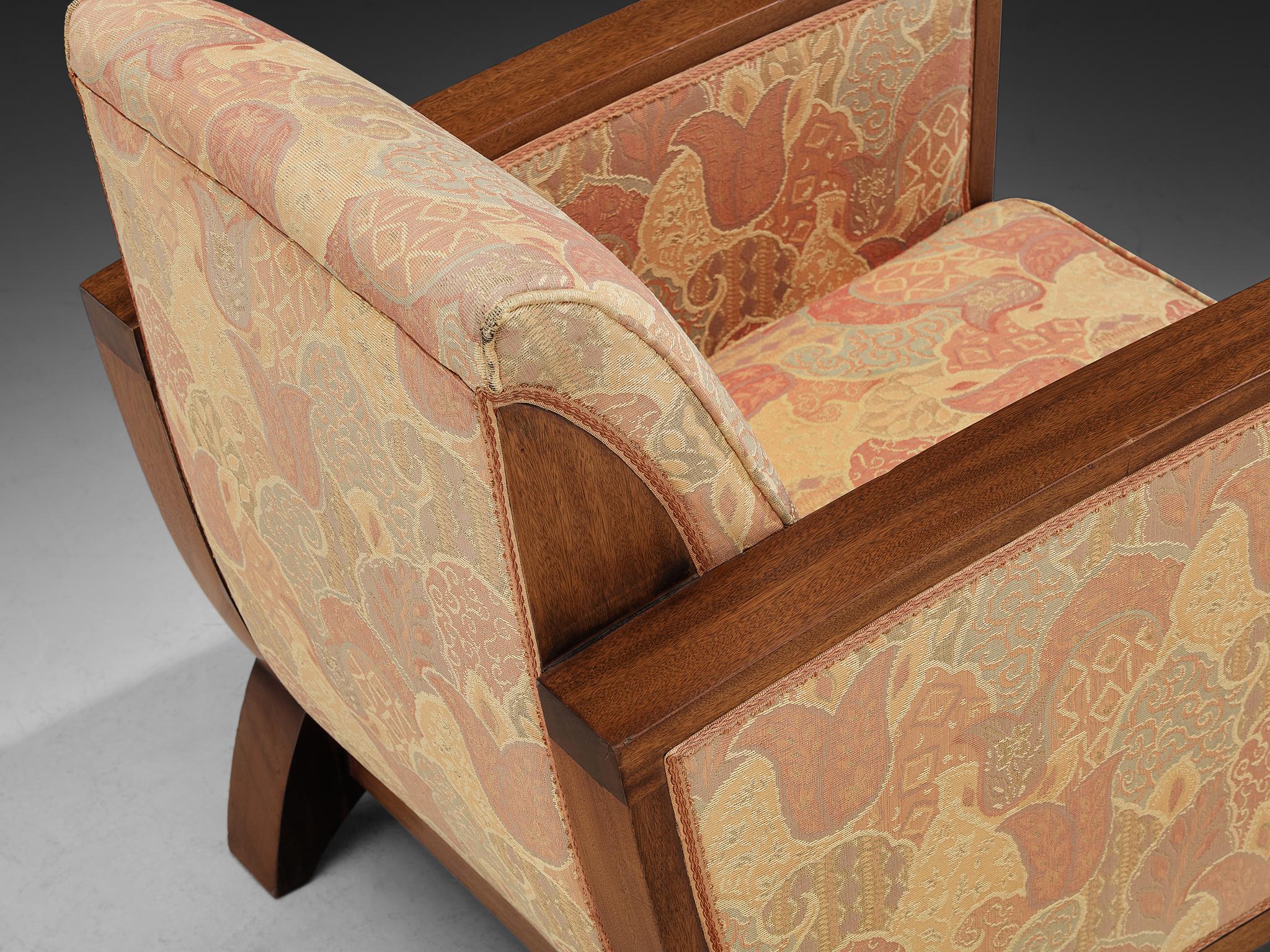 Art Deco Pair of Lounge Chairs in Mahogany and Patterned Fabric For Sale 5