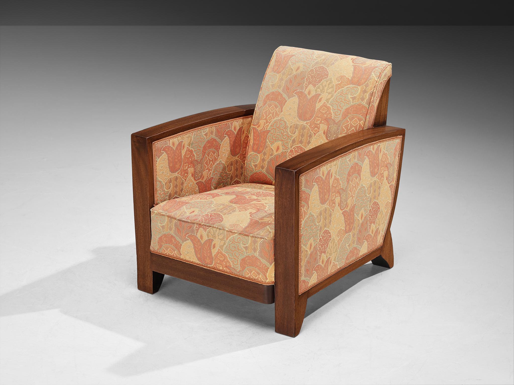 European Art Deco Pair of Lounge Chairs in Mahogany and Patterned Fabric For Sale