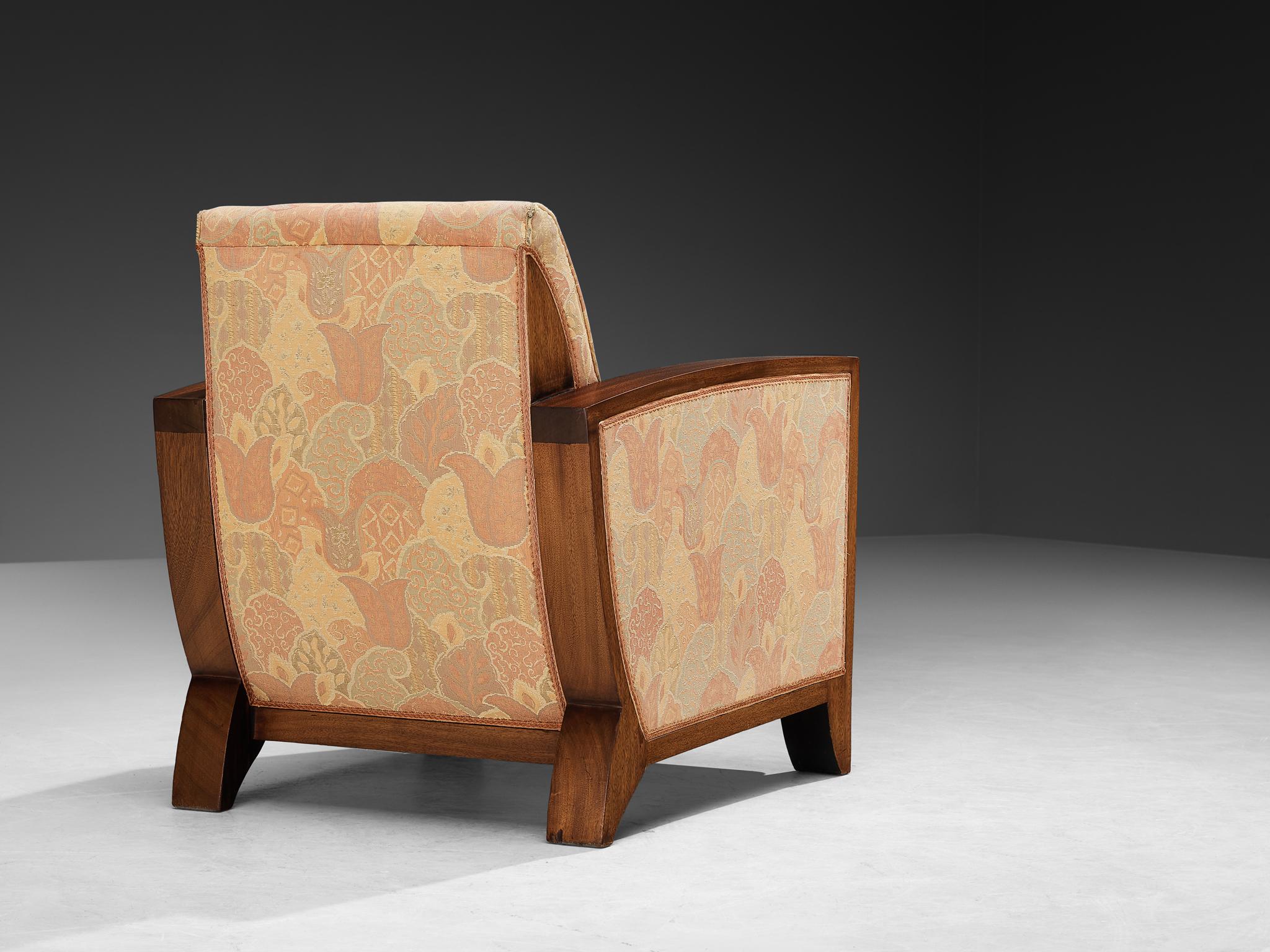 Art Deco Pair of Lounge Chairs in Mahogany and Patterned Fabric In Good Condition For Sale In Waalwijk, NL