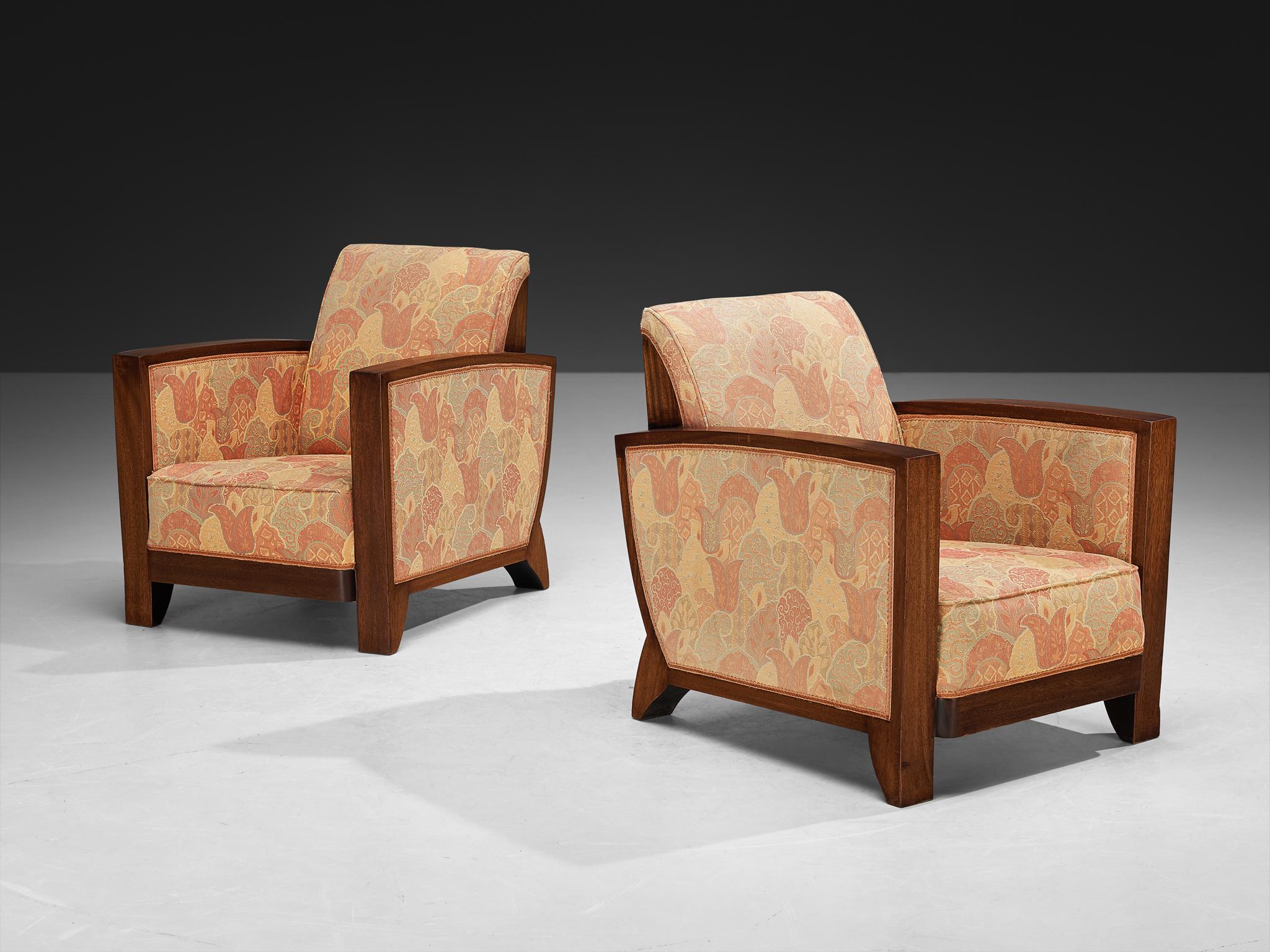 Mid-20th Century Art Deco Pair of Lounge Chairs in Mahogany and Patterned Fabric For Sale