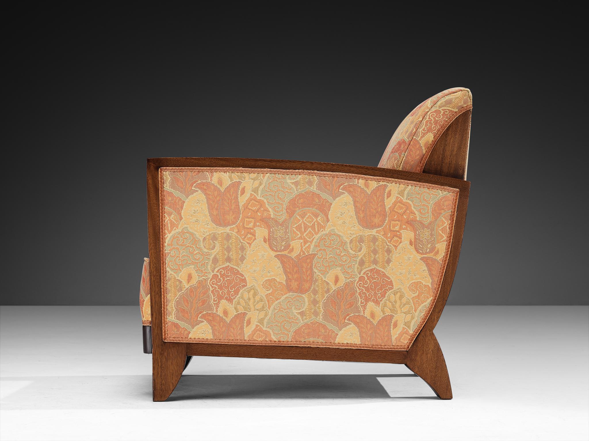 Art Deco Pair of Lounge Chairs in Mahogany and Patterned Fabric For Sale 1